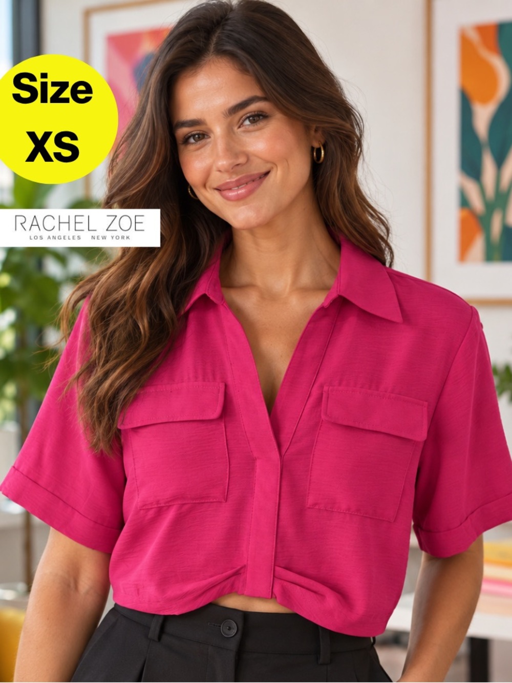 3/for $15 🍒RACHEL ZOE Fuchsia Short-Sleeve Cropped Button-Front Shirt (Size XS)